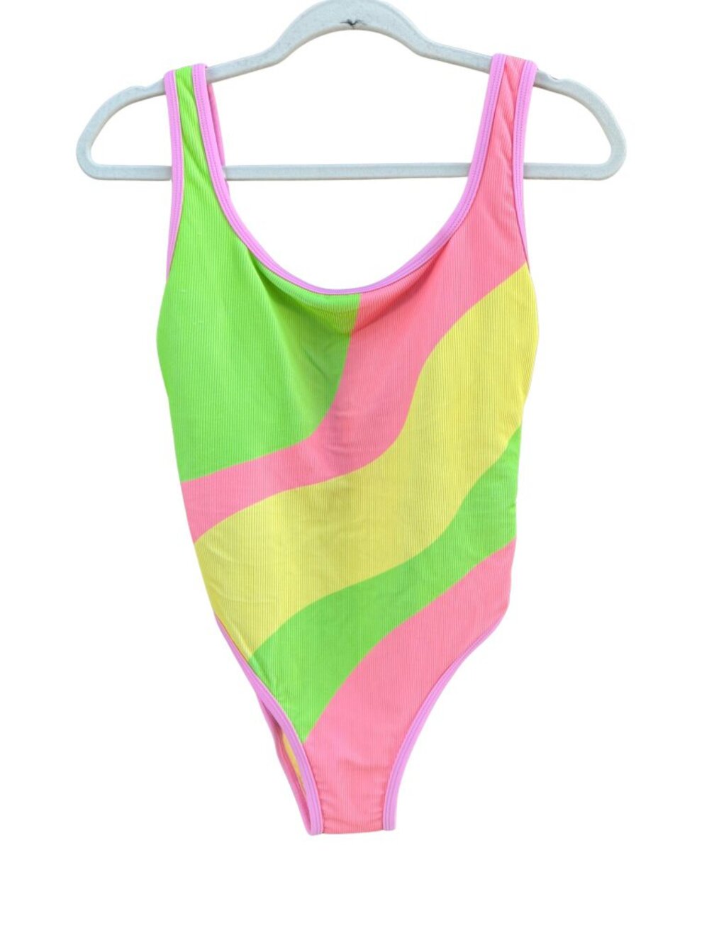 NWOT LainSnow Neon Pink Green Ribbed One Piece Swimsuit M 80s Inspired